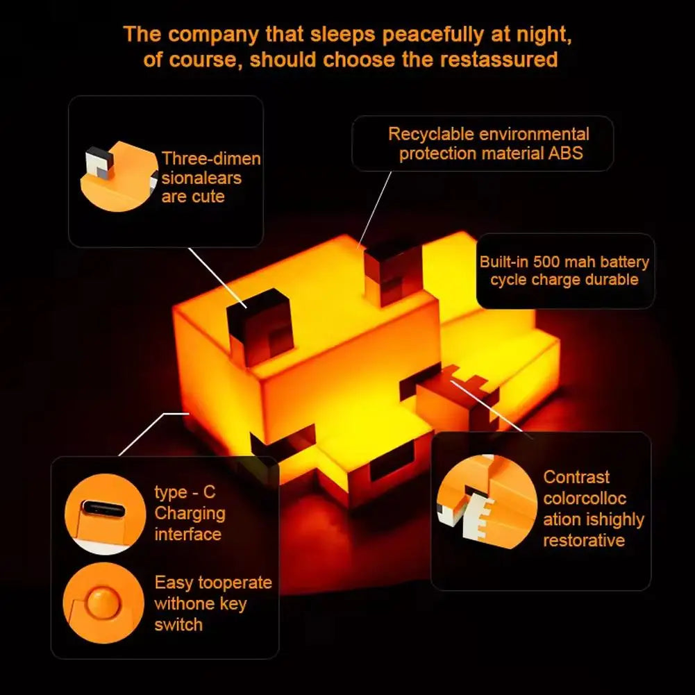 MC Game Cute Fox Night Light - Soft Orange Glow Desk Lamp for Playrooms and Children's Rooms